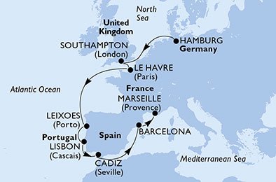 crociera msc UBIQ itinerario della crociera in
germania, regno unito, francia, portogallo, spagna su MSC ORCHESTRA