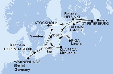 crociera msc UBJL itinerario della crociera in
germania, svezia, lituania, lettonia, estonia, russia, finlandia, danimarca su MSC POESIA