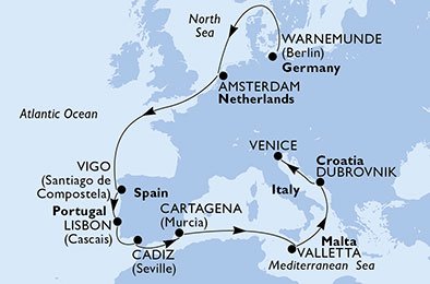crociera msc UBJM itinerario della crociera in
germania, olanda, spagna, portogallo, malta, croazia, italia su MSC POESIA