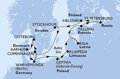 crociera msc UBJN itinerario della crociera in
germania, svezia, danimarca, polonia, lituania, lettonia, estonia, russia, finlandia su MSC POESIA
