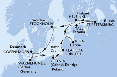 crociera msc UBJQ itinerario della crociera in
danimarca, germania, polonia, lituania, lettonia, estonia, russia, finlandia, svezia su MSC POESIA