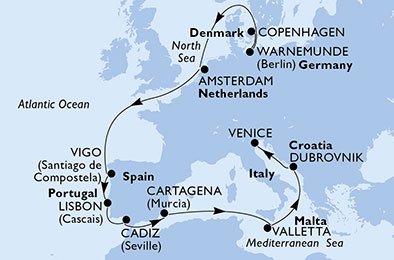 crociera msc UBL4 itinerario della crociera in
danimarca, germania, olanda, spagna, portogallo, malta, croazia, italia su MSC POESIA