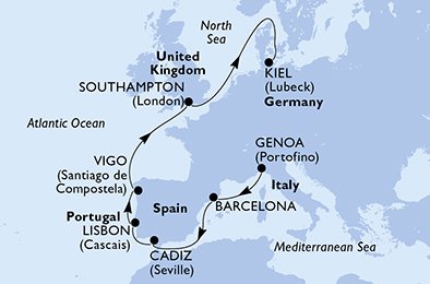 crociera msc UBL6 itinerario della crociera in
italia, francia, spagna, portogallo, regno unito, germania su MSC MERAVIGLIA