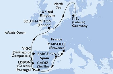 crociera msc UBLS itinerario della crociera in
francia, spagna, portogallo, regno unito, germania su MSC MERAVIGLIA