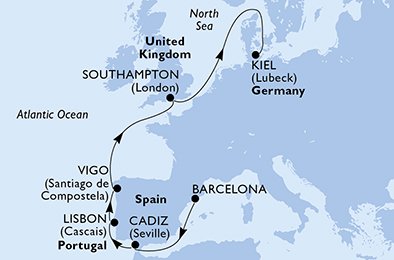 crociera msc UBLT itinerario della crociera in
spagna, portogallo, regno unito, germania su MSC MERAVIGLIA