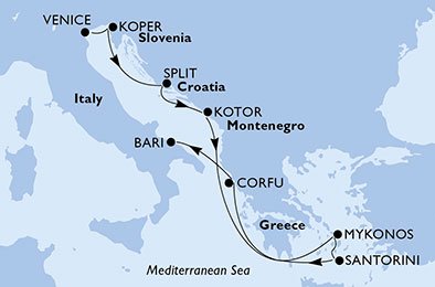 crociera msc UBQO itinerario della crociera in
italia, slovenia, croazia, montenegro, grecia su MSC OPERA