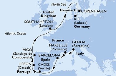 crociera msc UBRT itinerario della crociera in
italia, francia, spagna, portogallo, regno unito, germania, danimarca su MSC MERAVIGLIA