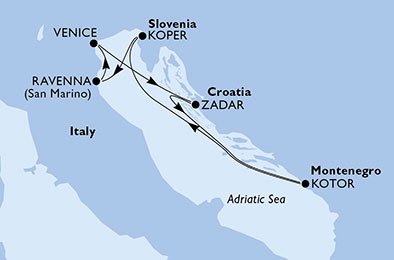 crociera msc UBS7 itinerario della crociera in
italia, croazia, montenegro, slovenia su MSC LIRICA