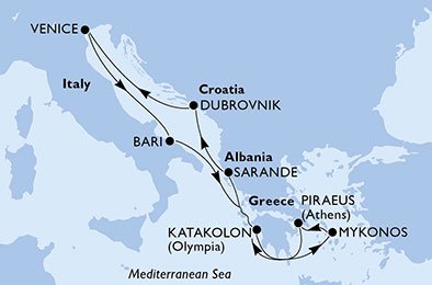 crociera msc UBS8 itinerario della crociera in
italia, grecia, albania, croazia su MSC LIRICA