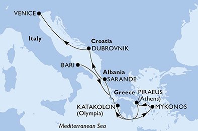 crociera msc UBT1 itinerario della crociera in
italia, grecia, albania, croazia su MSC LIRICA