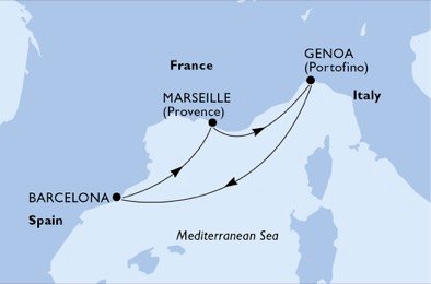 crociera msc UBZ1 itinerario della crociera in
italia, spagna, francia su MSC DIVINA