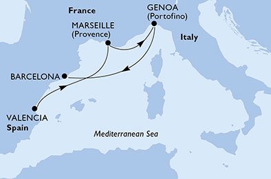 crociera msc UBZC itinerario della crociera in
spagna, francia, italia su MSC DIVINA