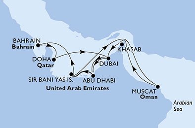 crociera msc UC07 itinerario della crociera in
emirati arabi uniti, oman, bahrain, qatar su MSC BELLISSIMA