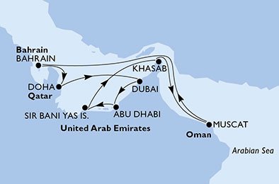 crociera msc UC15 itinerario della crociera in
emirati arabi uniti, oman, bahrain, qatar su MSC LIRICA