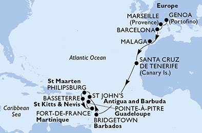 crociera msc UC1W itinerario della crociera in
italia, francia, spagna, barbados, antigua-barbuda, st. maarten, saint kitts - nevis, martinica, guadalupe su MSC PREZIOSA