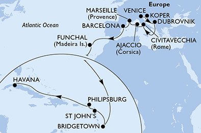 crociera msc UC4Z itinerario della crociera in
italia, slovenia, croazia, francia, spagna, portogallo, barbados, antigua-barbuda, st. maarten, cuba su MSC OPERA