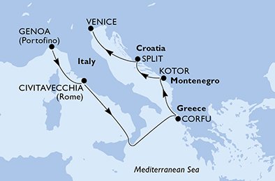 crociera msc UC92 itinerario della crociera in
italia, grecia, montenegro, croazia su MSC MAGNIFICA