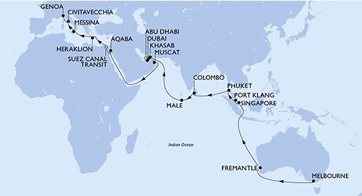 crociera msc UCAS itinerario della crociera in
australia, singapore, malesia, tailandia, sri lanka, maldive, emirati arabi uniti, oman, giordania, egitto, grecia, italia su MSC MAGNIFICA