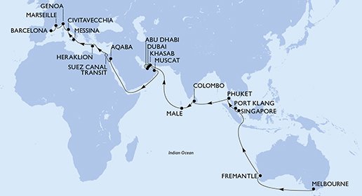 crociera msc UCBL itinerario della crociera in
australia, singapore, malesia, tailandia, sri lanka, maldive, emirati arabi uniti, oman, giordania, egitto, grecia, italia, francia, spagna su MSC MAGNIFICA