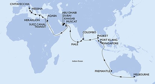crociera msc UCBM itinerario della crociera in
australia, singapore, malesia, tailandia, sri lanka, maldive, emirati arabi uniti, oman, giordania, egitto, grecia, italia su MSC MAGNIFICA