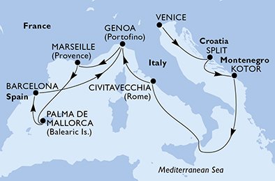 crociera msc UCMD itinerario della crociera in
italia, croazia, montenegro, francia, spagna su MSC SINFONIA
