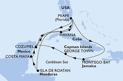 crociera msc UCMH itinerario della crociera in
usa, giamaica, isole cayman, messico, cuba, honduras su MSC ARMONIA