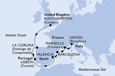 crociera msc UCO9 itinerario della crociera in
regno unito, spagna, portogallo, francia, italia su MSC BELLISSIMA