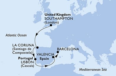 crociera msc UCOA itinerario della crociera in
regno unito, spagna, portogallo su MSC BELLISSIMA
