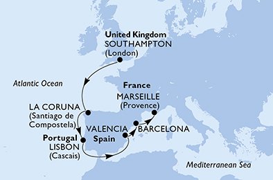 crociera msc UCOB itinerario della crociera in
regno unito, spagna, portogallo, francia su MSC BELLISSIMA