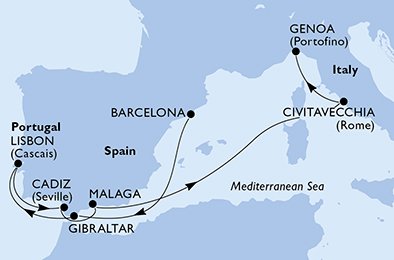 crociera msc UCOU itinerario della crociera in
spagna, gibilterra, portogallo, italia su MSC MAGNIFICA