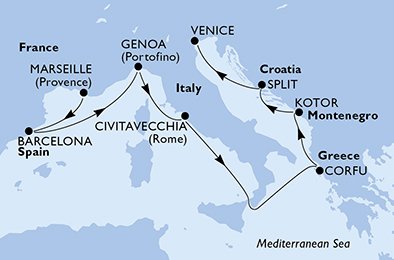 crociera msc UCPO itinerario della crociera in
francia, spagna, italia, grecia, montenegro, croazia su MSC MAGNIFICA