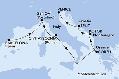 crociera msc UCPP itinerario della crociera in
spagna, italia, grecia, montenegro, croazia su MSC MAGNIFICA