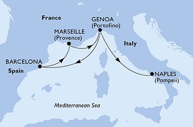 crociera msc UCPR itinerario della crociera in
italia, spagna, francia su MSC SEAVIEW