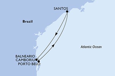 crociera msc UCV1 itinerario della crociera in
santos, camboriu, porto belo, santos su MSC SEAVIEW