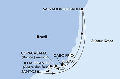 crociera msc UCV4 itinerario della crociera in
santos, salvador da bahia, cabo frio, copacabana, buzios, ilha grande, santos su MSC SEAVIEW