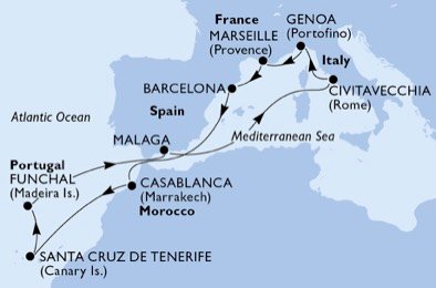 crociera msc UCZB itinerario della crociera in
italia, francia, spagna, marocco, portogallo su MSC POESIA