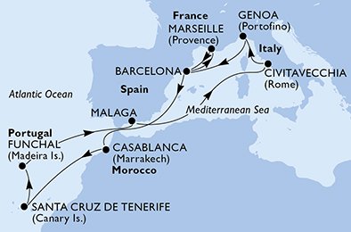 crociera msc UCZN itinerario della crociera in
francia, spagna, marocco, portogallo, italia su MSC POESIA