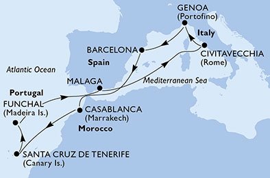 crociera msc UCZO itinerario della crociera in
spagna, marocco, portogallo, italia su MSC POESIA