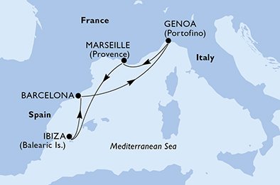 crociera msc UD0I itinerario della crociera in
spagna, italia, francia su MSC ORCHESTRA