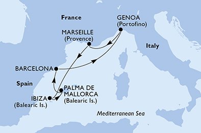 crociera msc UD0K itinerario della crociera in
spagna, italia, francia su MSC ORCHESTRA