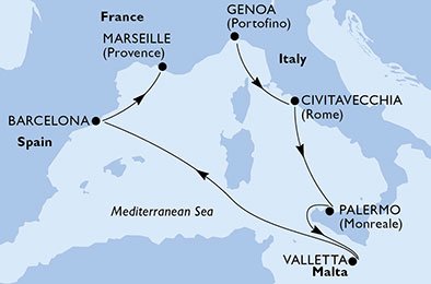 crociera msc UD2Q itinerario della crociera in
italia, malta, spagna, francia su MSC MERAVIGLIA