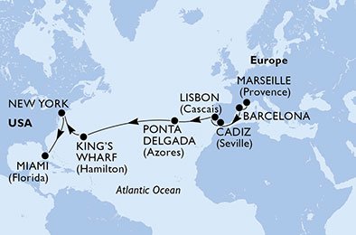 crociera msc UD3H itinerario della crociera in
francia, spagna, portogallo, bermuda, usa su MSC DIVINA
