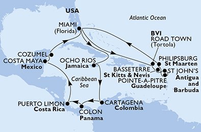 crociera msc UD3N itinerario della crociera in
usa, giamaica, colombia, panama, costa rica, messico, isole vergini (britanniche), saint kitts - nevis, antigua-barbuda, guadalupe, st. maarten su MSC DIVINA
