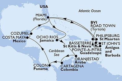 crociera msc UD3Q itinerario della crociera in
usa, antigua-barbuda, saint kitts - nevis, guadalupe, isole vergini (britanniche), st. maarten, giamaica, aruba, colombia, panama, messico su MSC DIVINA
