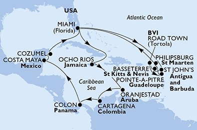 crociera msc UD3R itinerario della crociera in
usa, giamaica, aruba, colombia, panama, messico, antigua-barbuda, saint kitts - nevis, isole vergini (britanniche), guadalupe, st. maarten su MSC DIVINA