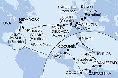 crociera msc UD3V itinerario della crociera in
usa, giamaica, aruba, colombia, panama, messico, bermuda, portogallo, spagna, francia, italia su MSC DIVINA