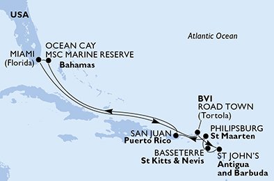 crociera msc UD4H itinerario della crociera in
usa, isole vergini (britanniche), antigua-barbuda, saint kitts - nevis, st. maarten, porto rico, bahamas su MSC DIVINA