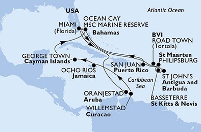 crociera msc UD4W itinerario della crociera in
usa, aruba, giamaica, isole cayman, bahamas, isole vergini (britanniche), antigua-barbuda, saint kitts - nevis, st. maarten, porto rico su MSC DIVINA