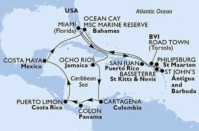crociera msc UD4X itinerario della crociera in
usa, isole vergini (britanniche), antigua-barbuda, saint kitts - nevis, st. maarten, porto rico, bahamas, giamaica, colombia, panama, costa rica, messico su MSC DIVINA