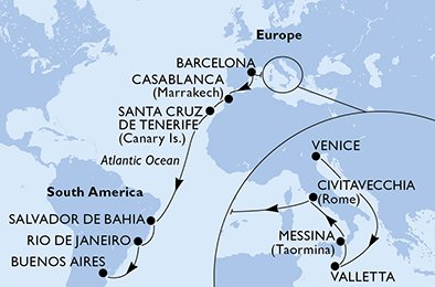 crociera msc UD77 itinerario della crociera in
italia, malta, spagna, marocco, brasile, argentina su MSC SINFONIA